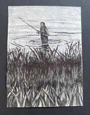 Angler, 12,5x17 cm, Bleistift , Tinte, Filzstifte auf handgeschöntem Papier